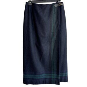 Talbots Italian Wool Blend Long Maxi Wrap Size 16 Skirt Plaid Navy Green Lined